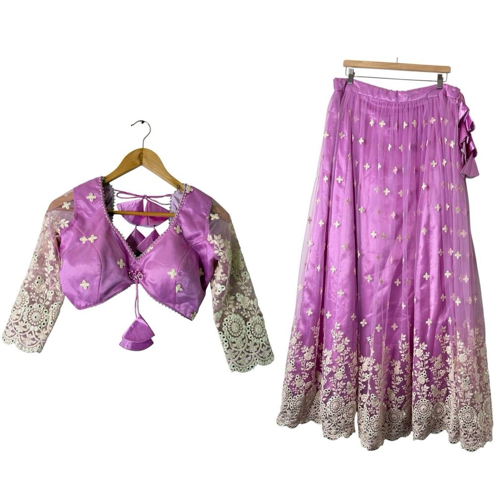 Women’s Floral Embroidered Lehenga Choli Set Full Skirt Crop Top Indian Wedding